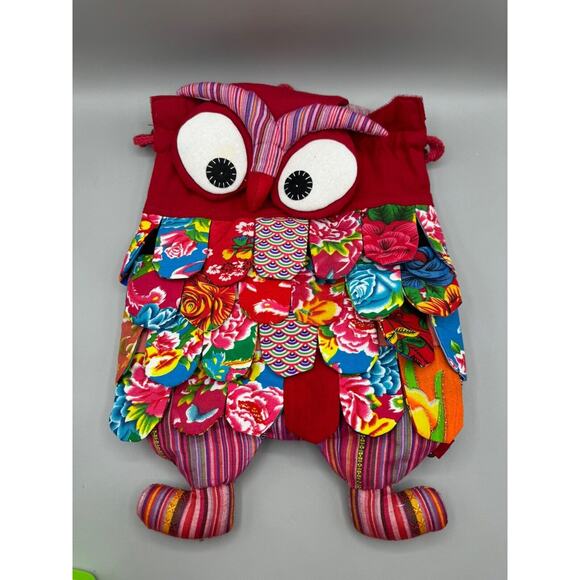 Owl Backpack Drawstring Quilted Patchwork Boho Retro Multicolored Festival - Picture 12 of 12